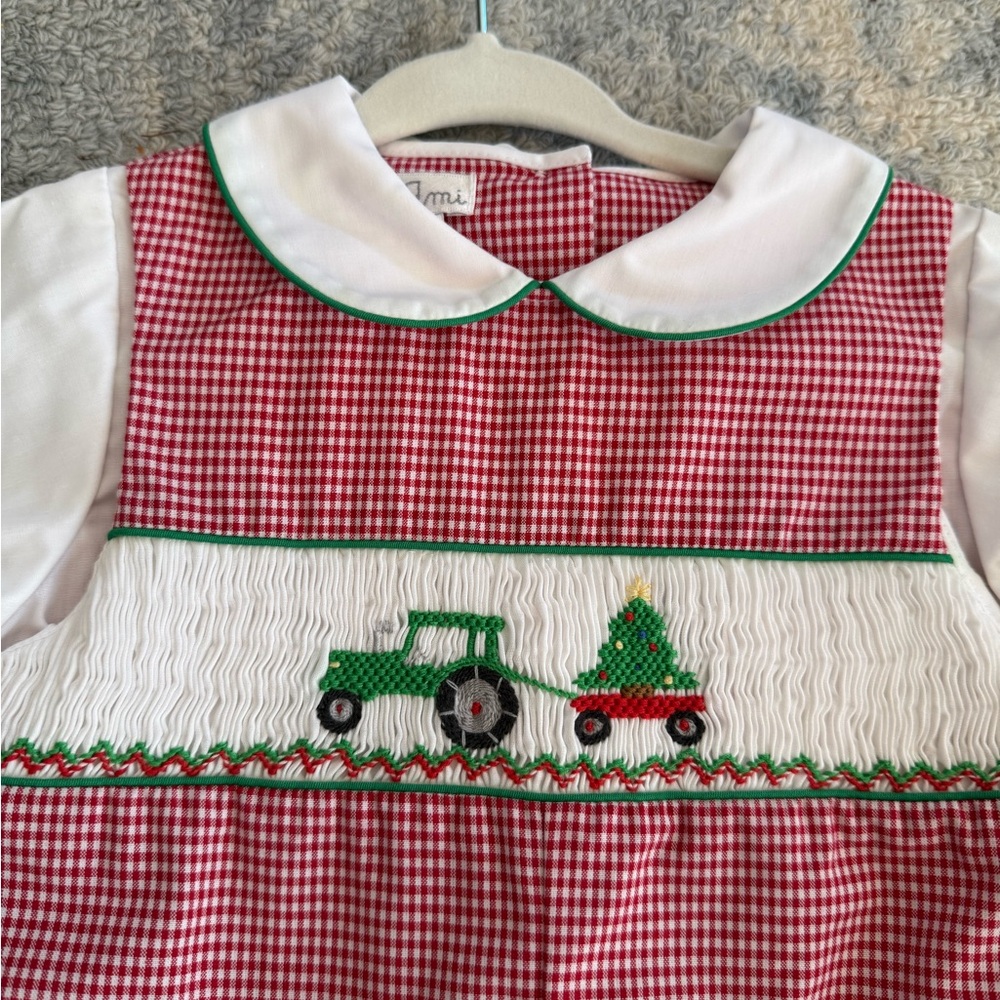 Petit Ami Baby Tractor Christmas Tree Smocked Cotton Overall (2) 9 months - Picture 2 of 3